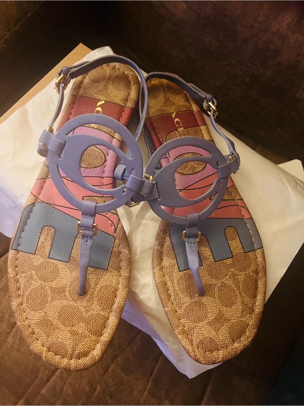 Coach Women’s Tan Canvas Sandals with Blue Leather Accents